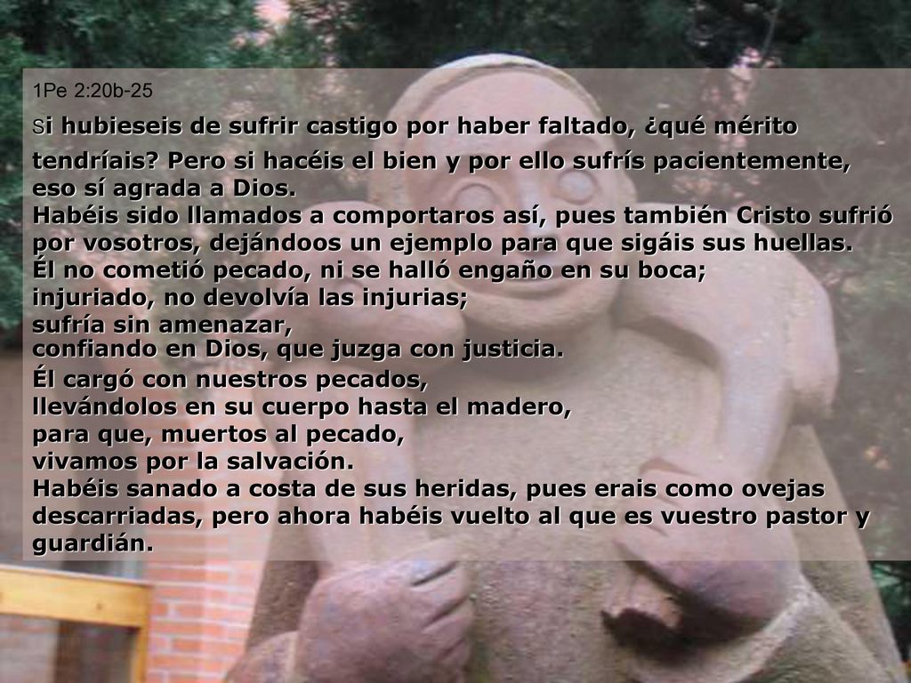 1Pe 2:20b-25 Si hubieseis de sufrir castigo por haber faltado, ¿qué mérito tendríais Pero si hacéis el bien y por ello sufrís pacientemente, eso sí agrada a Dios. Habéis sido llamados a comportaros así, pues también Cristo sufrió por vosotros, dejándoos un ejemplo para que sigáis sus huellas. Él no cometió pecado, ni se halló engaño en su boca; injuriado, no devolvía las injurias; sufría sin amenazar, confiando en Dios, que juzga con justicia.