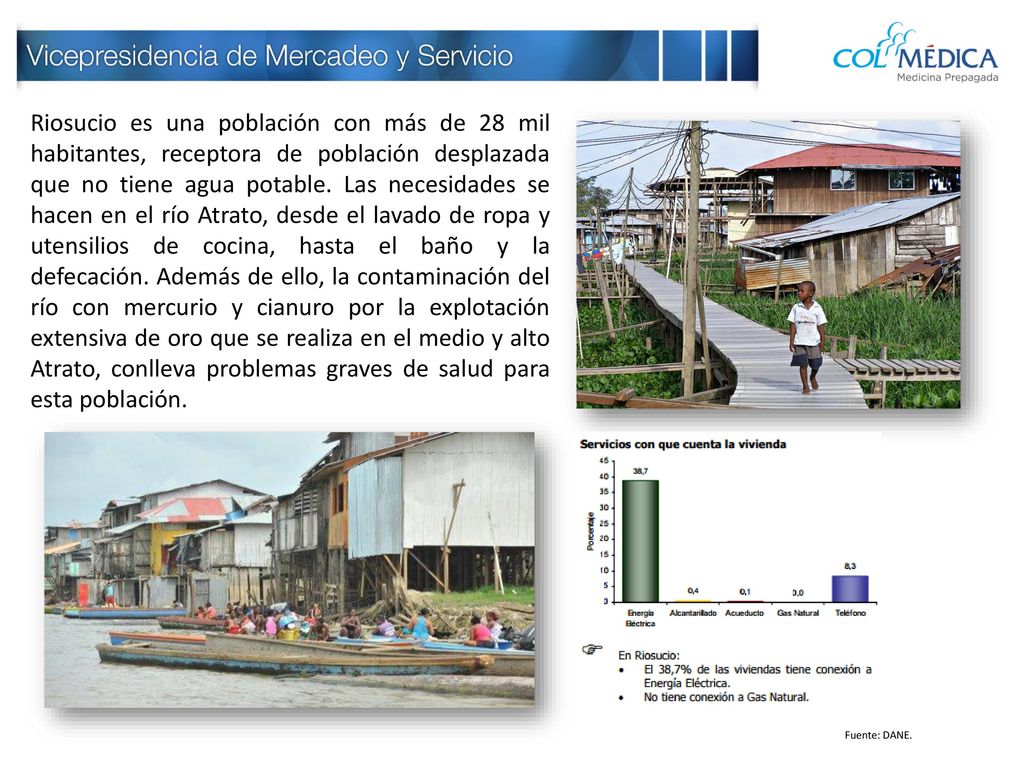 Riosucio es una población con más de 28 mil habitantes, receptora de población desplazada que no tiene agua potable. Las necesidades se hacen en el río Atrato, desde el lavado de ropa y utensilios de cocina, hasta el baño y la defecación. Además de ello, la contaminación del río con mercurio y cianuro por la explotación extensiva de oro que se realiza en el medio y alto Atrato, conlleva problemas graves de salud para esta población.