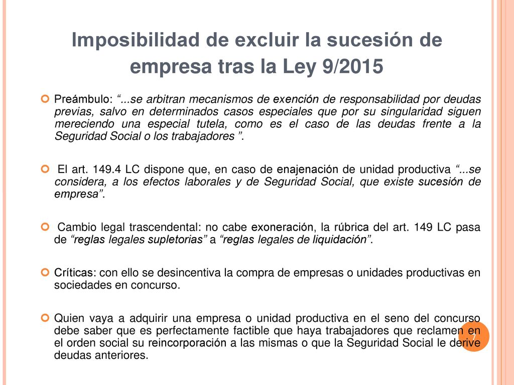 Imposibilidad de excluir la sucesión de empresa tras la Ley 9/2015