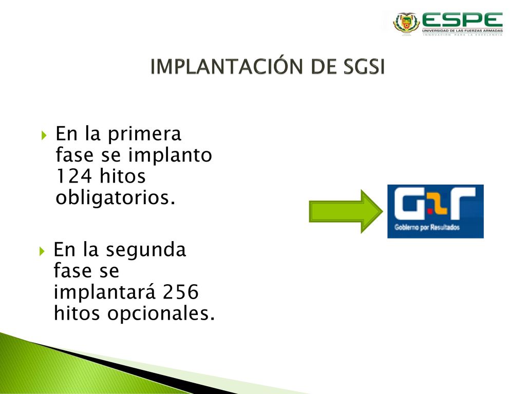 IMPLANTACIÓN DE SGSI En la primera fase se implanto 124 hitos obligatorios.