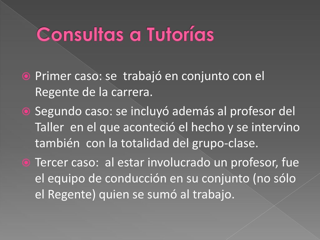 Consultas a Tutorías Primer caso: se trabajó en conjunto con el Regente de la carrera.