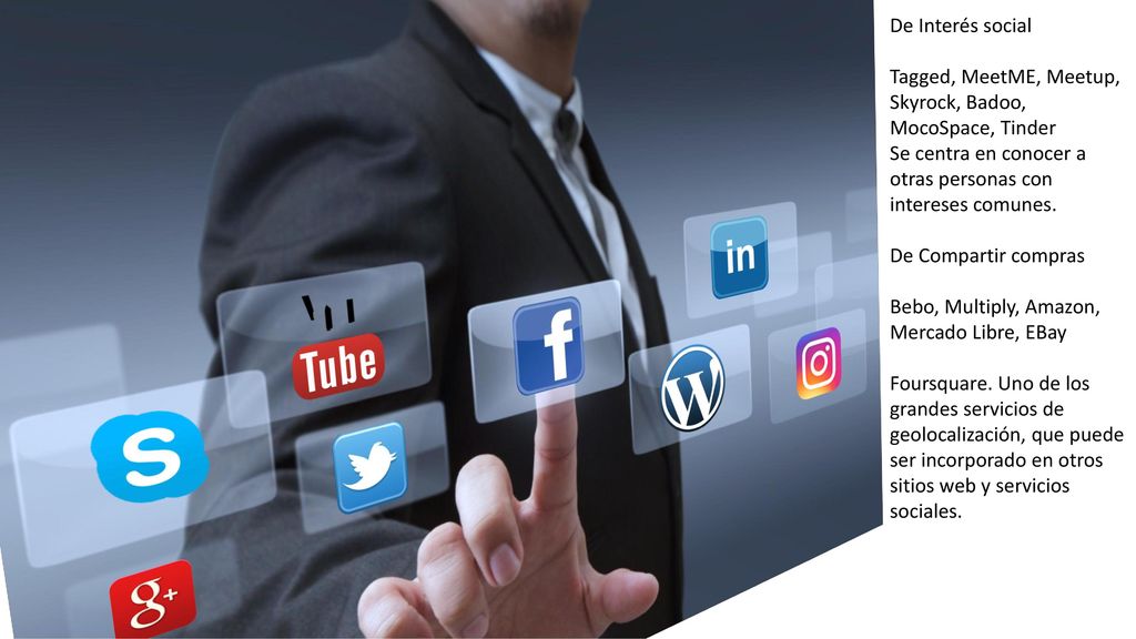 De Interés social Tagged, MeetME, Meetup, Skyrock, Badoo, MocoSpace, Tinder. Se centra en conocer a otras personas con intereses comunes.