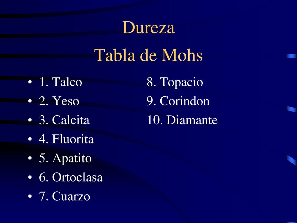 Dureza Tabla de Mohs 1. Talco 8. Topacio. 2. Yeso 9. Corindon. 3. Calcita 10. Diamante. 4. Fluorita.