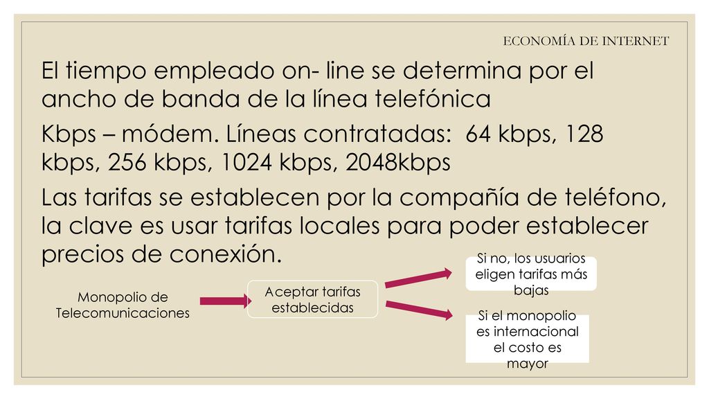 ECONOMÍA DE INTERNET El tiempo empleado on- line se determina por el ancho de banda de la línea telefónica.