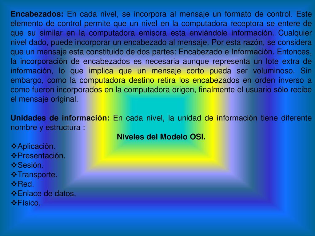 Encabezados: En cada nivel, se incorpora al mensaje un formato de control. Este elemento de control permite que un nivel en la computadora receptora se entere de que su similar en la computadora emisora esta enviándole información. Cualquier nivel dado, puede incorporar un encabezado al mensaje. Por esta razón, se considera que un mensaje esta constituido de dos partes: Encabezado e Información. Entonces, la incorporación de encabezados es necesaria aunque representa un lote extra de información, lo que implica que un mensaje corto pueda ser voluminoso. Sin embargo, como la computadora destino retira los encabezados en orden inverso a como fueron incorporados en la computadora origen, finalmente el usuario sólo recibe el mensaje original.