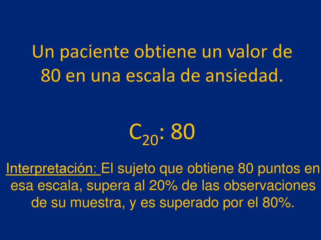 Un paciente obtiene un valor de 80 en una escala de ansiedad. C20: 80
