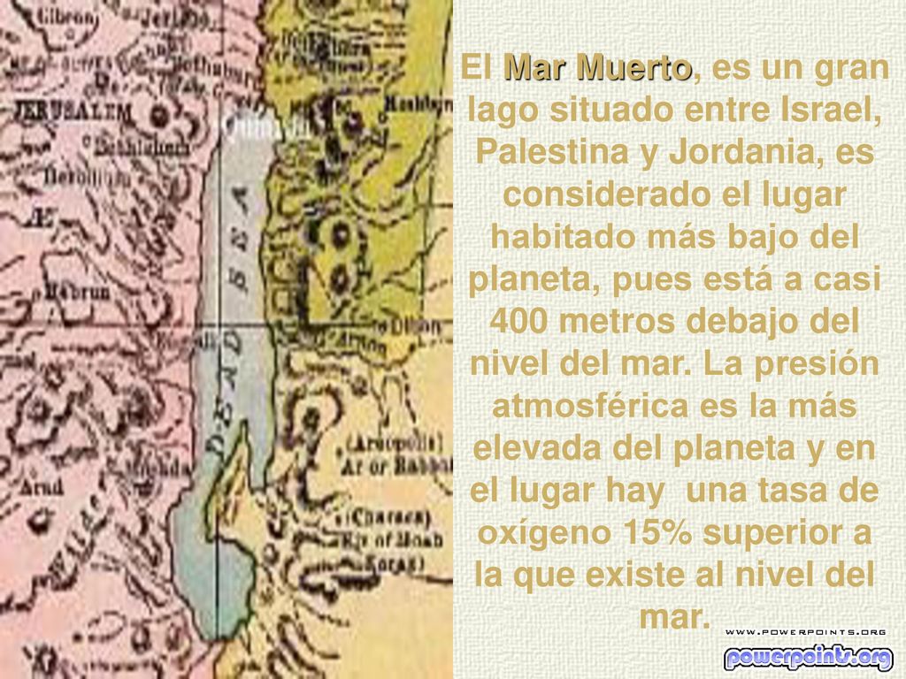El Mar Muerto, es un gran lago situado entre Israel, Palestina y Jordania, es considerado el lugar habitado más bajo del planeta, pues está a casi 400 metros debajo del nivel del mar.
