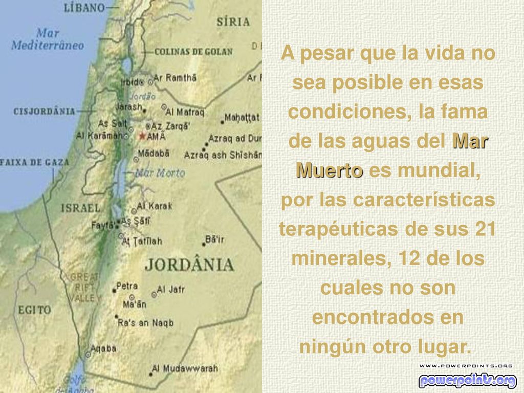 A pesar que la vida no sea posible en esas condiciones, la fama de las aguas del Mar Muerto es mundial, por las características terapéuticas de sus 21 minerales, 12 de los cuales no son encontrados en ningún otro lugar.
