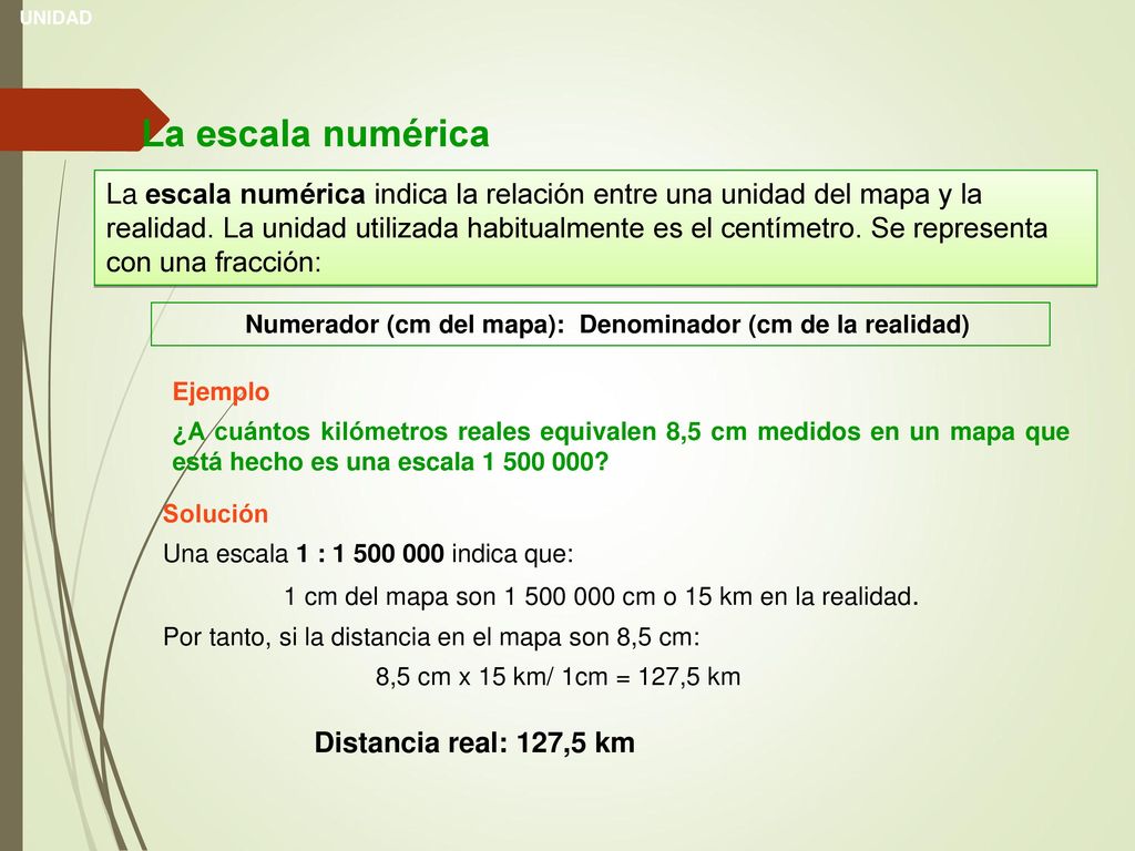 Numerador (cm del mapa): Denominador (cm de la realidad)
