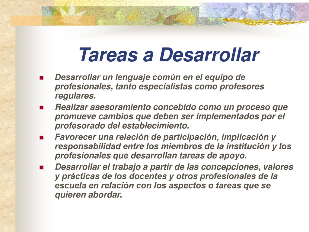 Tareas a Desarrollar Desarrollar un lenguaje común en el equipo de profesionales, tanto especialistas como profesores regulares.