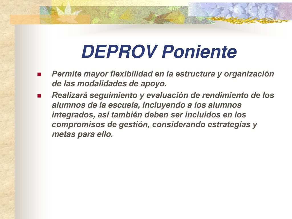 DEPROV Poniente Permite mayor flexibilidad en la estructura y organización de las modalidades de apoyo.