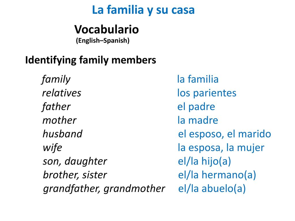 La familia y su casa Vocabulario Identifying family members family