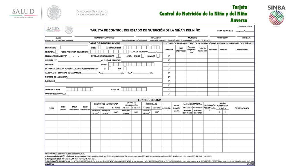 Tarjeta Control de Nutrición de la Niña y del Niño Anverso