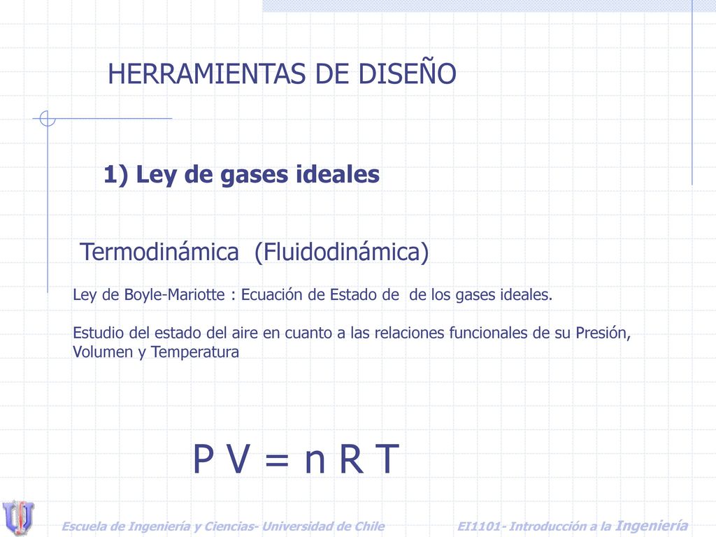 P V = n R T HERRAMIENTAS DE DISEÑO 1) Ley de gases ideales
