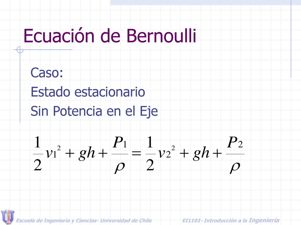 Ecuación de Bernoulli Caso: Estado estacionario Sin Potencia en el Eje