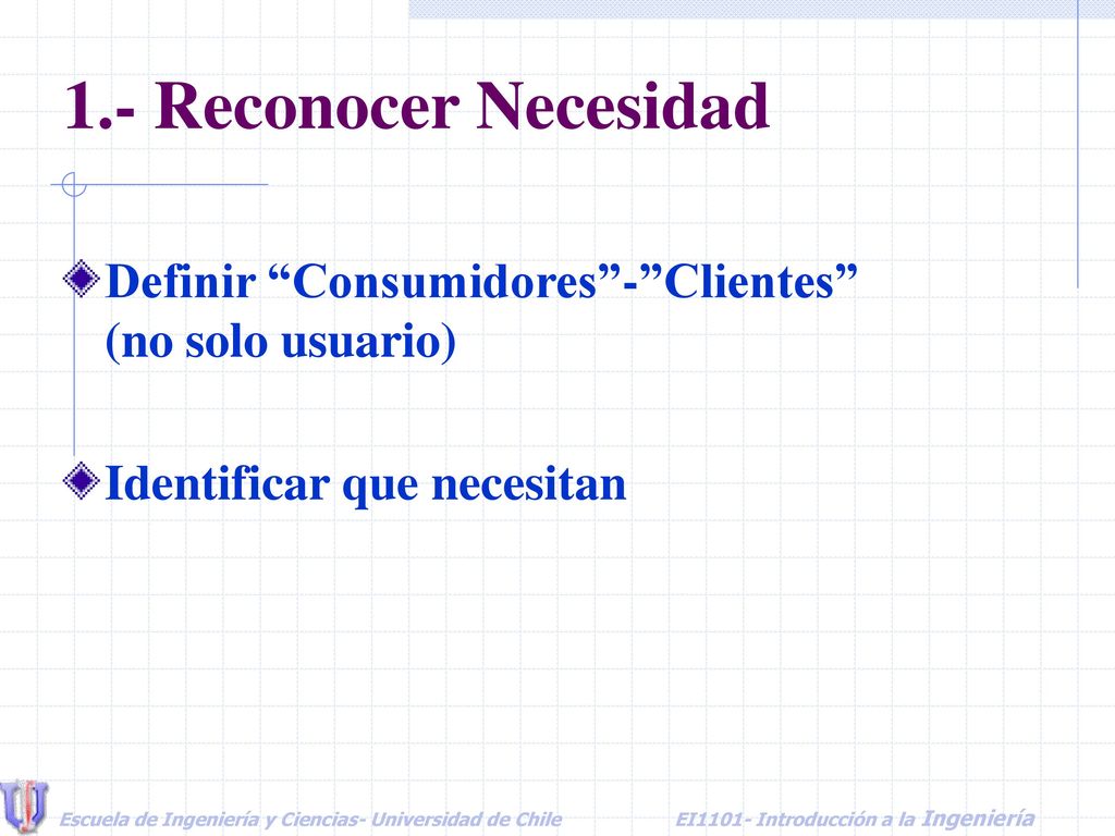 1.- Reconocer Necesidad Definir Consumidores - Clientes (no solo usuario) Identificar que necesitan.