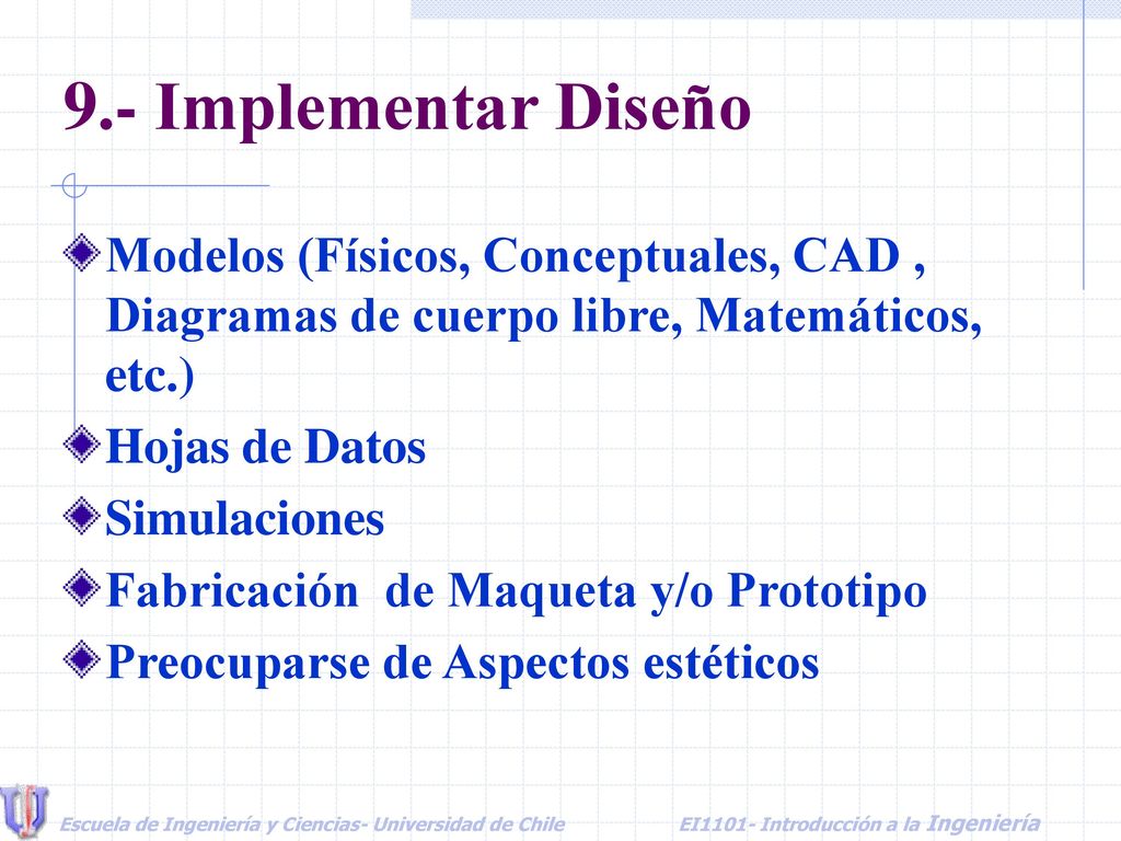 9.- Implementar Diseño Modelos (Físicos, Conceptuales, CAD , Diagramas de cuerpo libre, Matemáticos, etc.)