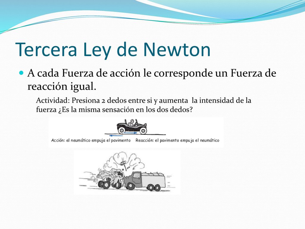 Tercera Ley de Newton A cada Fuerza de acción le corresponde un Fuerza de reacción igual.