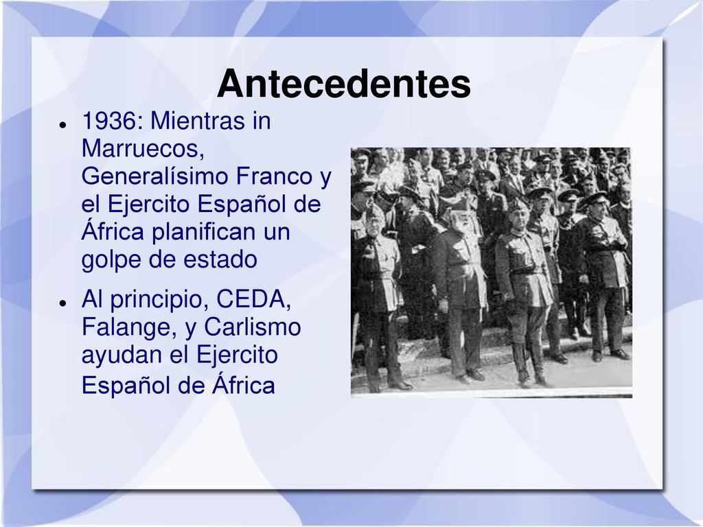 Antecedentes 1936: Mientras in Marruecos, Generalísimo Franco y el Ejercito Español de África planifican un golpe de estado.