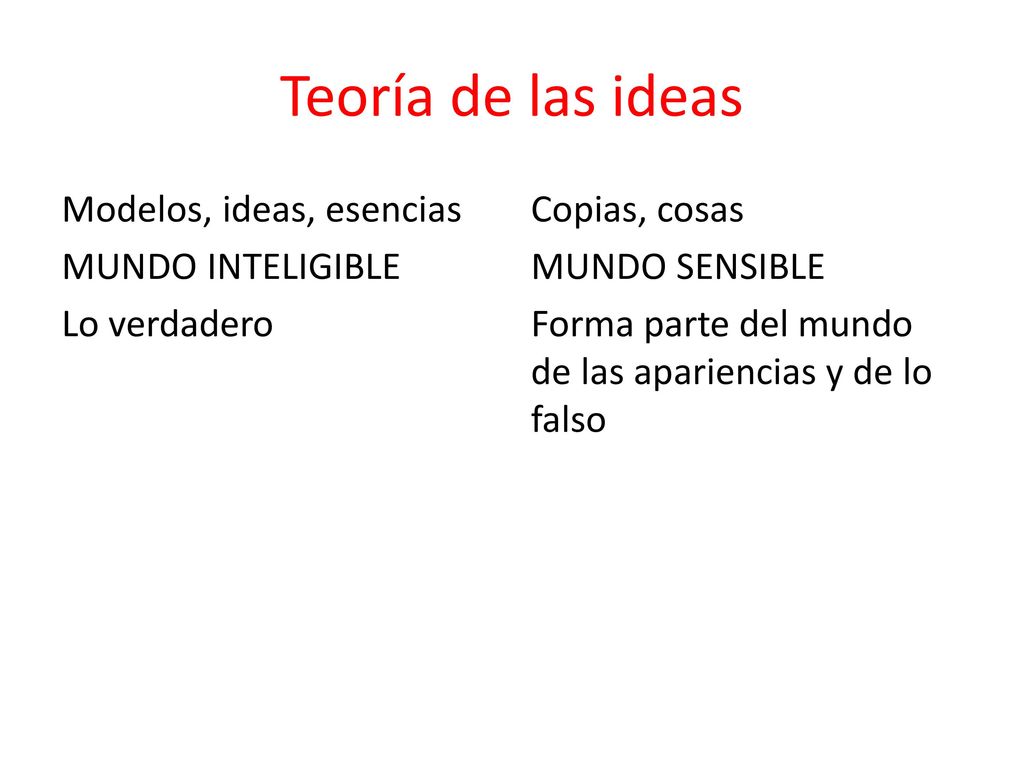 Teoría de las ideas Modelos, ideas, esencias MUNDO INTELIGIBLE Lo verdadero