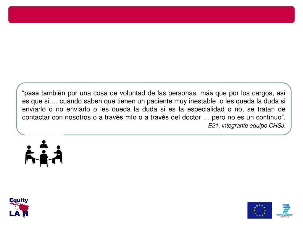 pasa también por una cosa de voluntad de las personas, más que por los cargos, así es que si…, cuando saben que tienen un paciente muy inestable o les queda la duda si enviarlo o no enviarlo o les queda la duda si es la especialidad o no, se tratan de contactar con nosotros o a través mío o a través del doctor … pero no es un continuo .