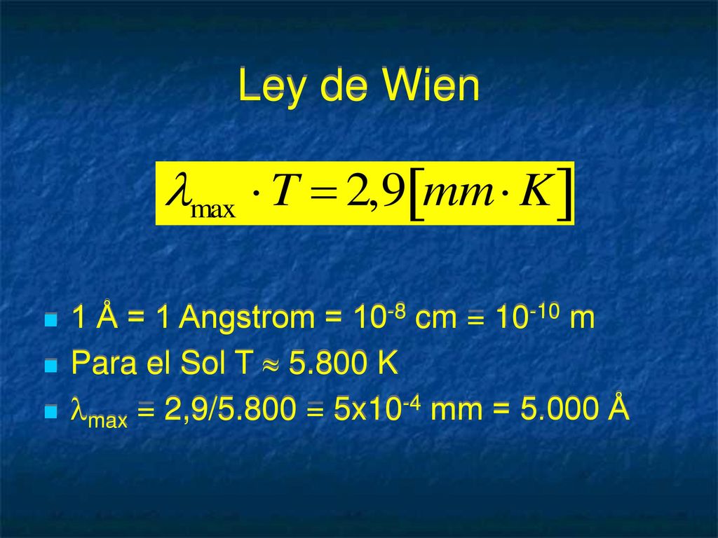 Ley de Wien 1 Å = 1 Angstrom = 10-8 cm = m