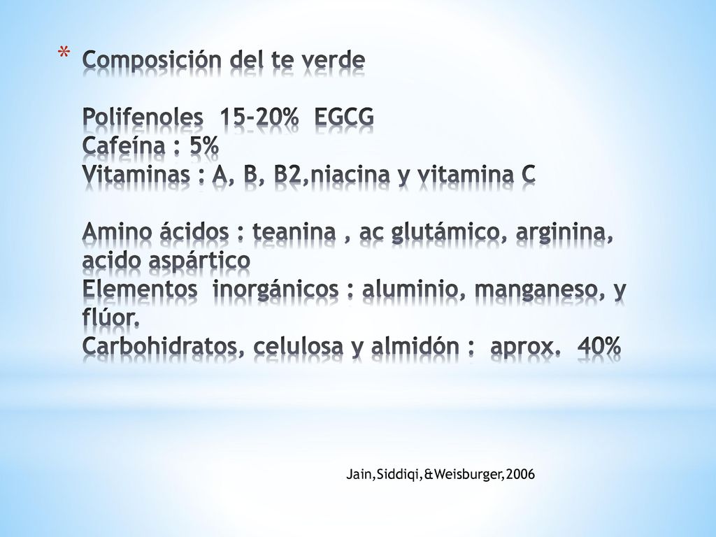 Composición del te verde Polifenoles 15-20% EGCG Cafeína : 5% Vitaminas : A, B, B2,niacina y vitamina C Amino ácidos : teanina , ac glutámico, arginina, acido aspártico Elementos inorgánicos : aluminio, manganeso, y flúor. Carbohidratos, celulosa y almidón : aprox. 40%