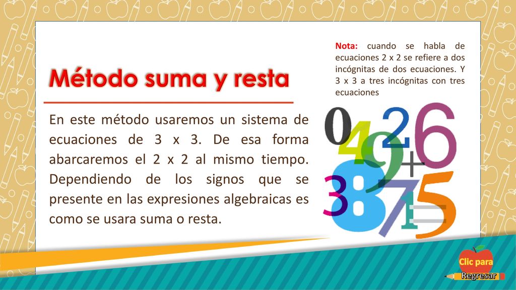Nota: cuando se habla de ecuaciones 2 x 2 se refiere a dos incógnitas de dos ecuaciones. Y 3 x 3 a tres incógnitas con tres ecuaciones