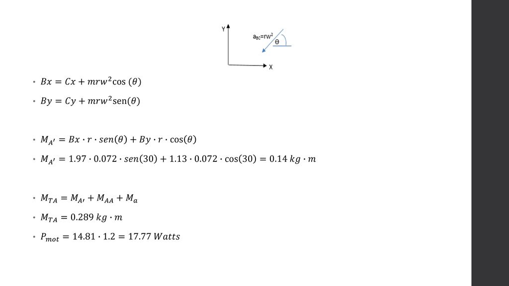 𝐵𝑥=𝐶𝑥+𝑚𝑟 𝑤 2 cos (𝜃) 𝐵𝑦=𝐶𝑦+𝑚𝑟 𝑤 2 sen(𝜃) 𝑀 𝐴 ′ =𝐵𝑥∙𝑟∙𝑠𝑒𝑛 𝜃 +𝐵𝑦∙𝑟∙ cos 𝜃. 𝑀 𝐴 ′ =1.97∙0.072∙𝑠𝑒𝑛 ∙0.072∙ cos 30 =0.14 𝑘𝑔∙𝑚.