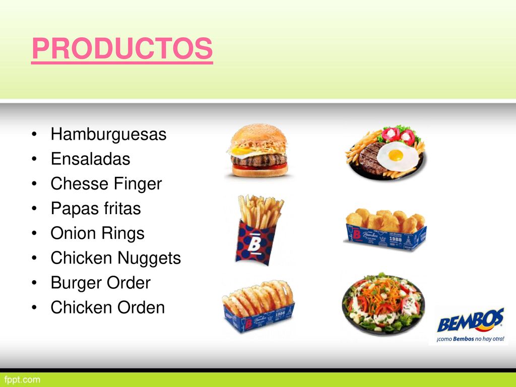 PRODUCTOS Hamburguesas Ensaladas Chesse Finger Papas fritas