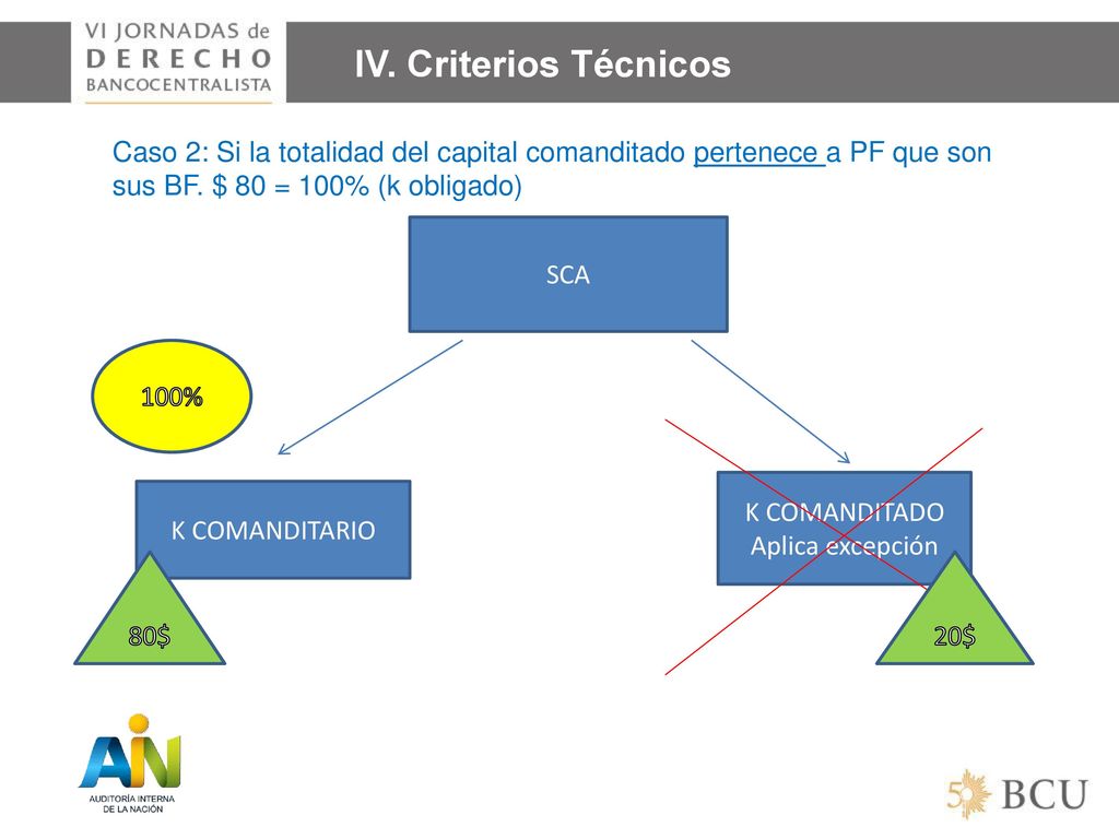 IV. Criterios Técnicos Caso 2: Si la totalidad del capital comanditado pertenece a PF que son sus BF. $ 80 = 100% (k obligado)
