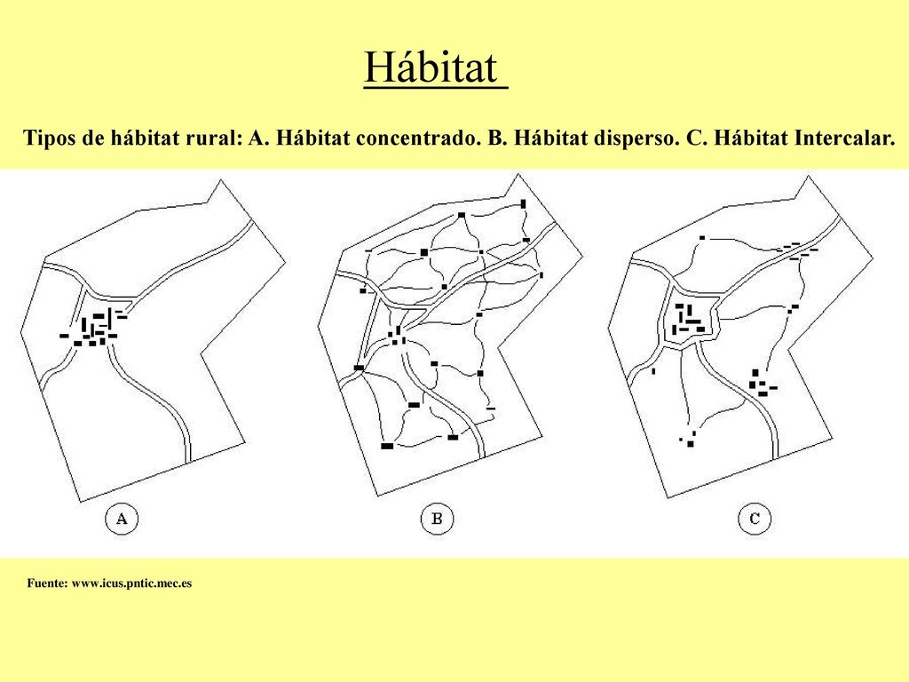 Hábitat Tipos de hábitat rural: A. Hábitat concentrado. B. Hábitat disperso. C. Hábitat Intercalar.