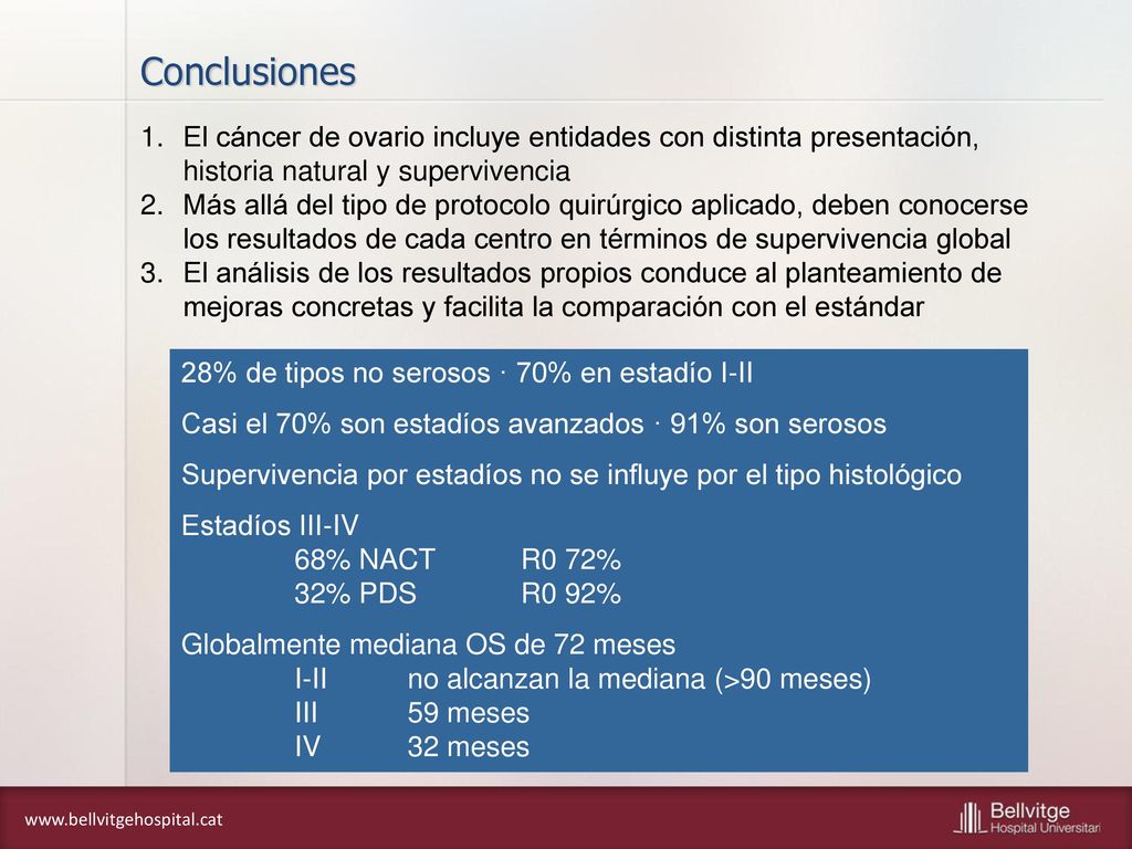Conclusiones El cáncer de ovario incluye entidades con distinta presentación, historia natural y supervivencia.
