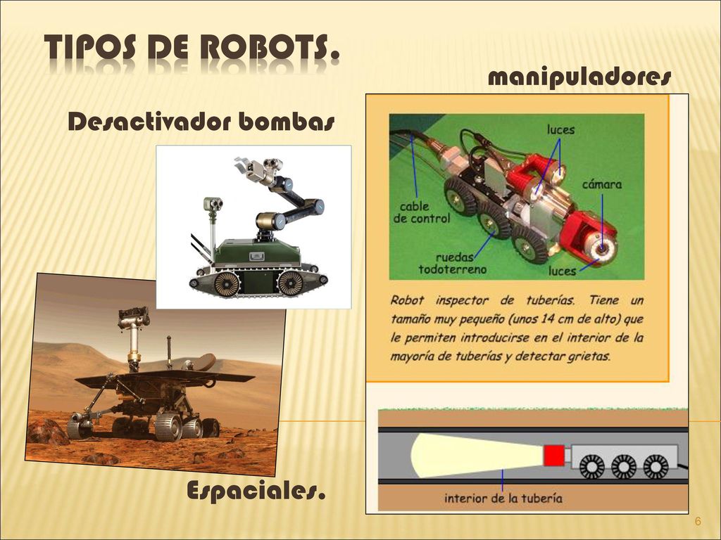 Tipos de robots. manipuladores Desactivador bombas Espaciales.