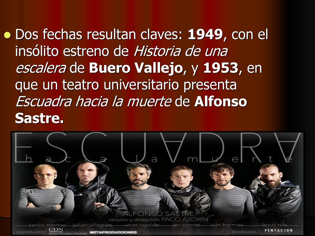 Dos fechas resultan claves: 1949, con el insólito estreno de Historia de una escalera de Buero Vallejo, y 1953, en que un teatro universitario presenta Escuadra hacia la muerte de Alfonso Sastre.