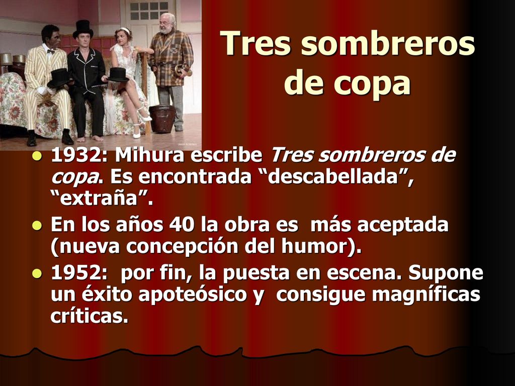 Tres sombreros de copa 1932: Mihura escribe Tres sombreros de copa. Es encontrada descabellada , extraña .