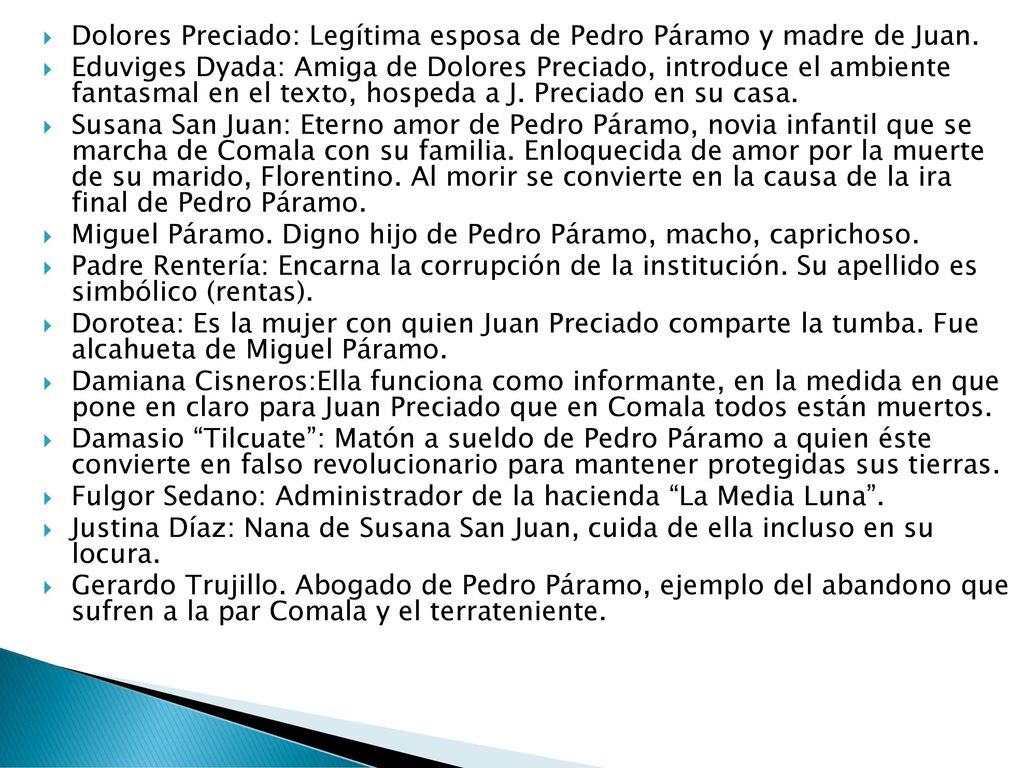 Dolores Preciado: Legítima esposa de Pedro Páramo y madre de Juan.