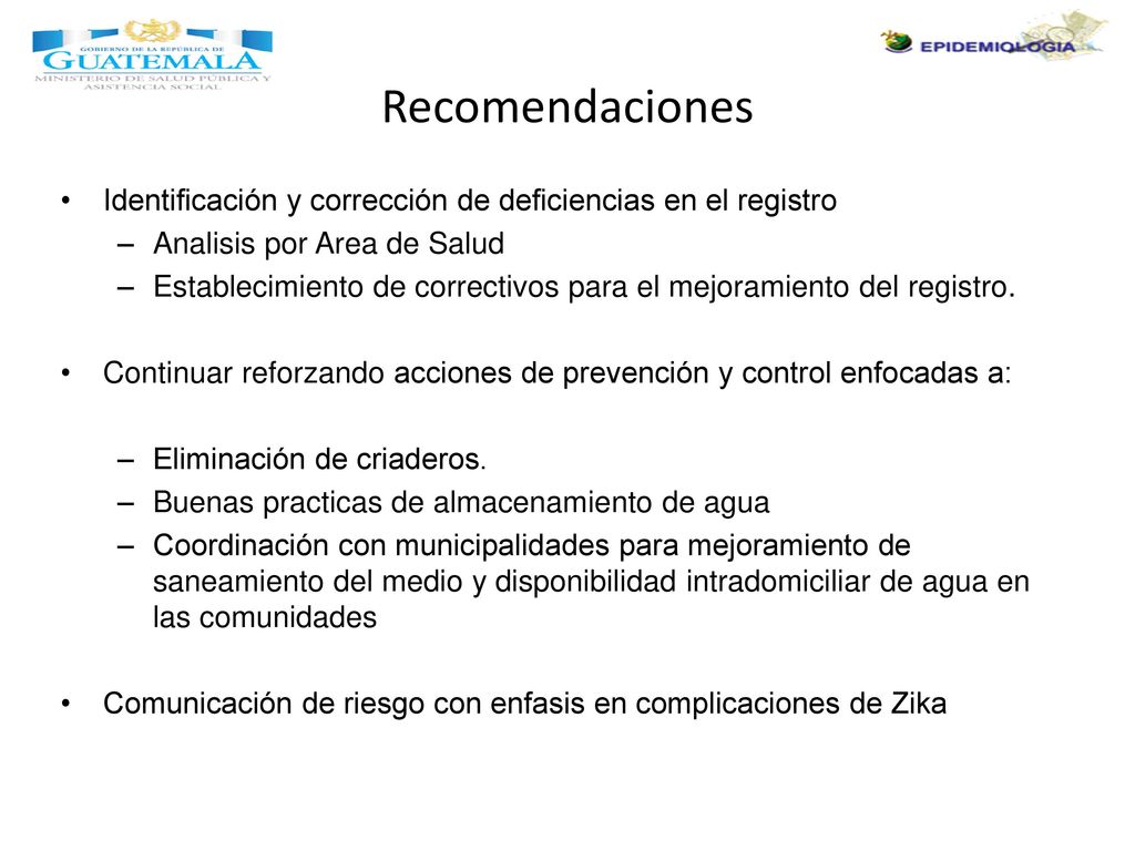 Recomendaciones Identificación y corrección de deficiencias en el registro. Analisis por Area de Salud.