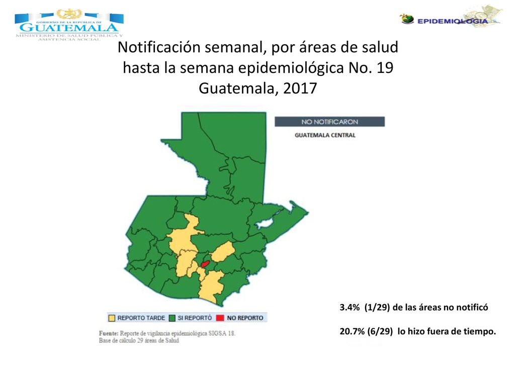 Notificación semanal, por áreas de salud hasta la semana epidemiológica No. 19 Guatemala, 2017