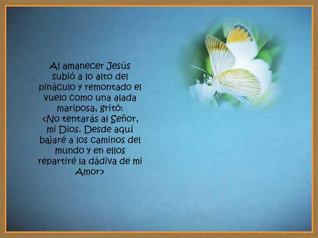 Al amanecer Jesús subió a lo alto del pináculo y remontado el vuelo como una alada mariposa, gritó: <No tentarás al Señor, mi Dios.