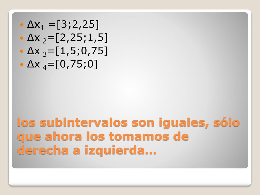 Δx1 =[3;2,25] Δx 2=[2,25;1,5] Δx 3=[1,5;0,75] Δx 4=[0,75;0] los subintervalos son iguales, sólo que ahora los tomamos de derecha a izquierda…