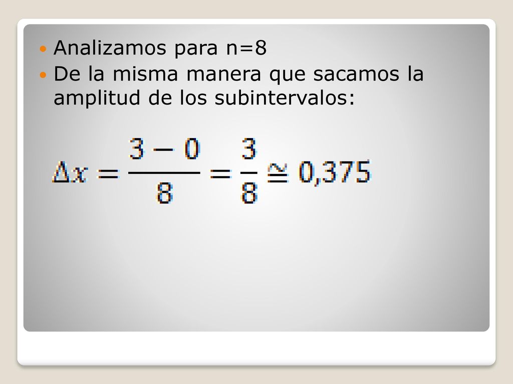 Analizamos para n=8 De la misma manera que sacamos la amplitud de los subintervalos: