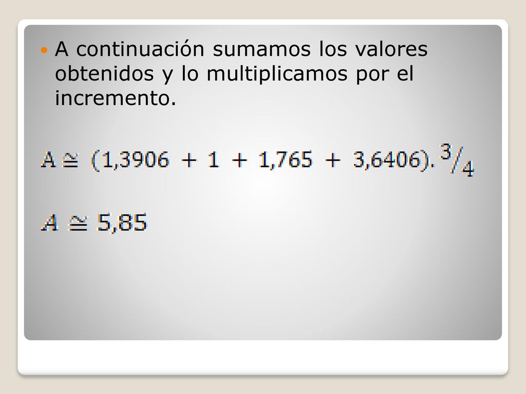A continuación sumamos los valores obtenidos y lo multiplicamos por el incremento.
