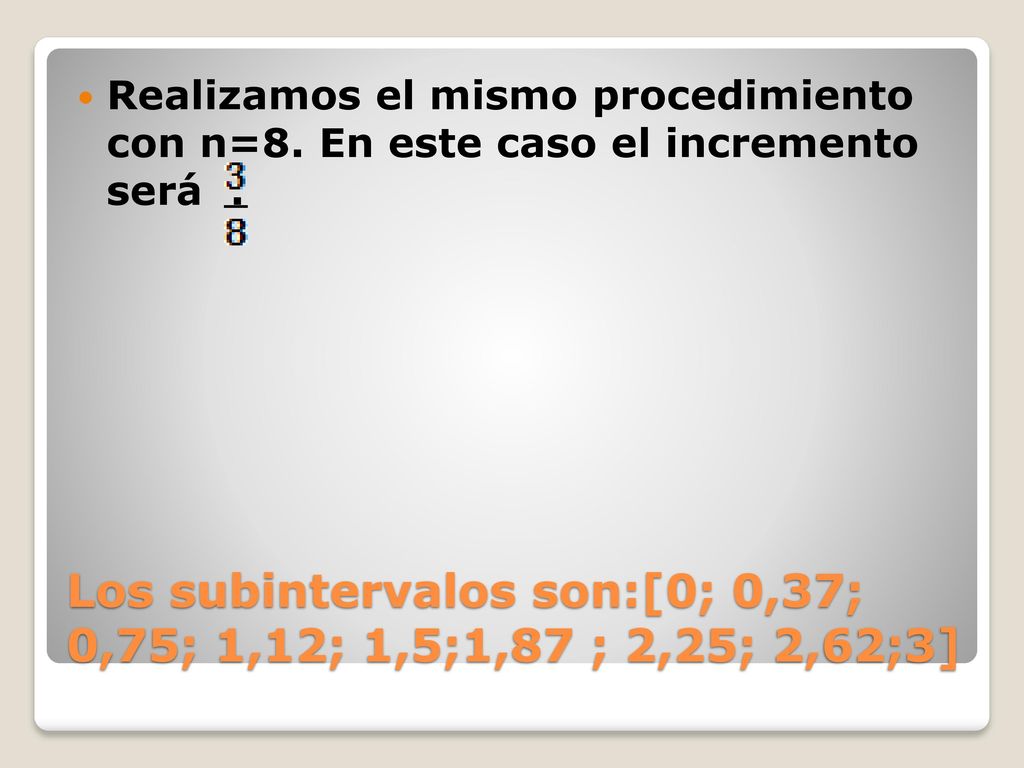 Los subintervalos son:[0; 0,37; 0,75; 1,12; 1,5;1,87 ; 2,25; 2,62;3]