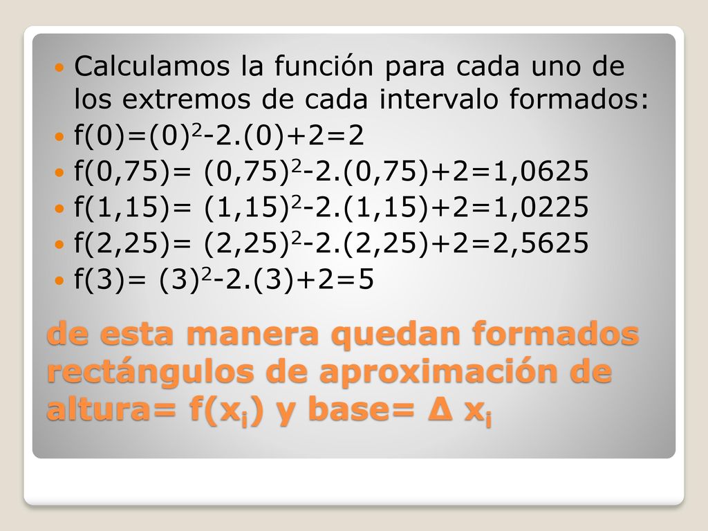 Calculamos la función para cada uno de los extremos de cada intervalo formados: