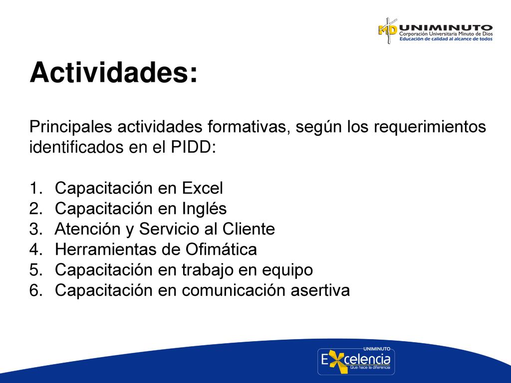 Actividades: Principales actividades formativas, según los requerimientos identificados en el PIDD: