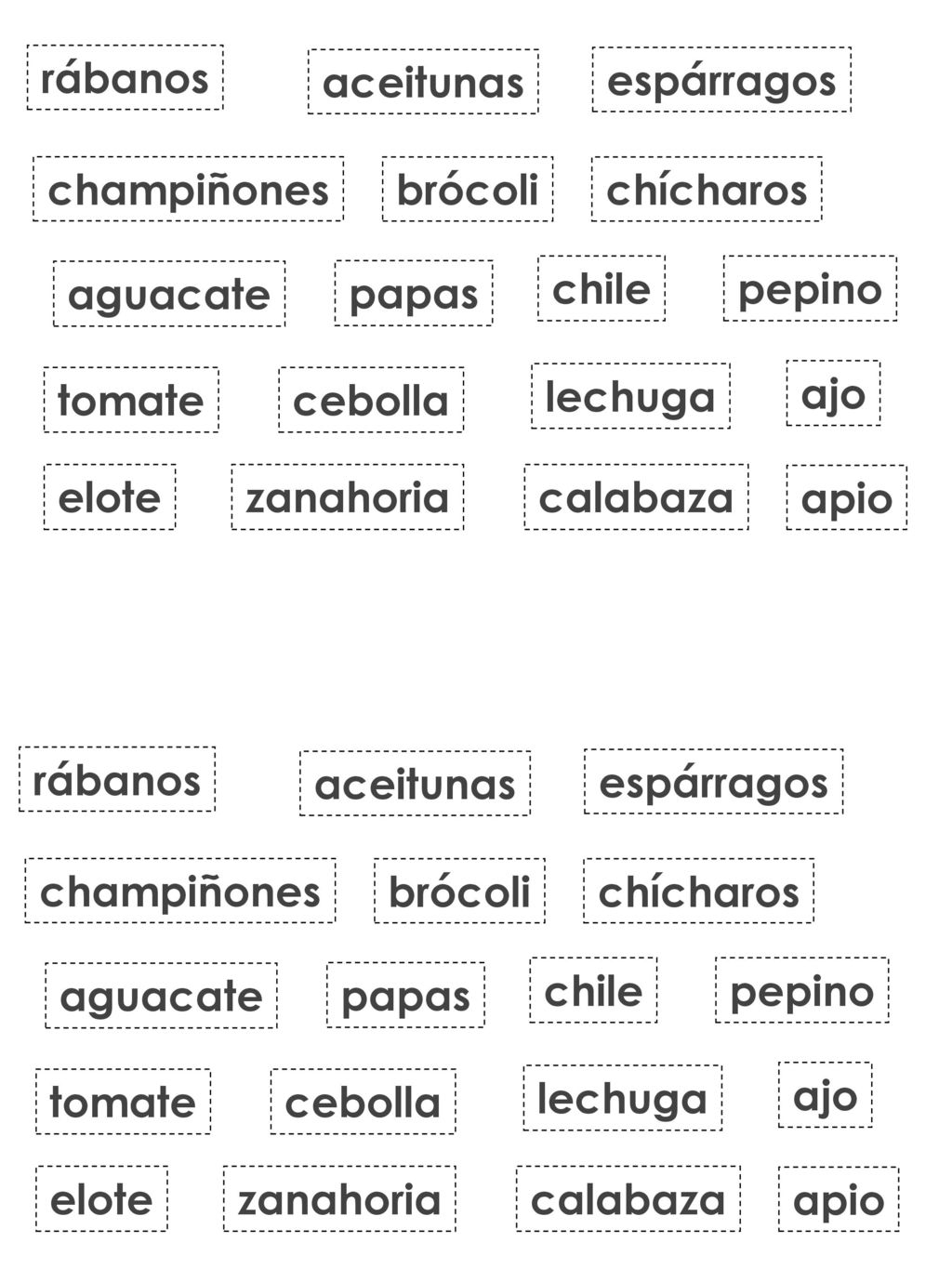 rábanos aceitunas. espárragos. champiñones. brócoli. chícharos. aguacate. papas. chile. pepino.