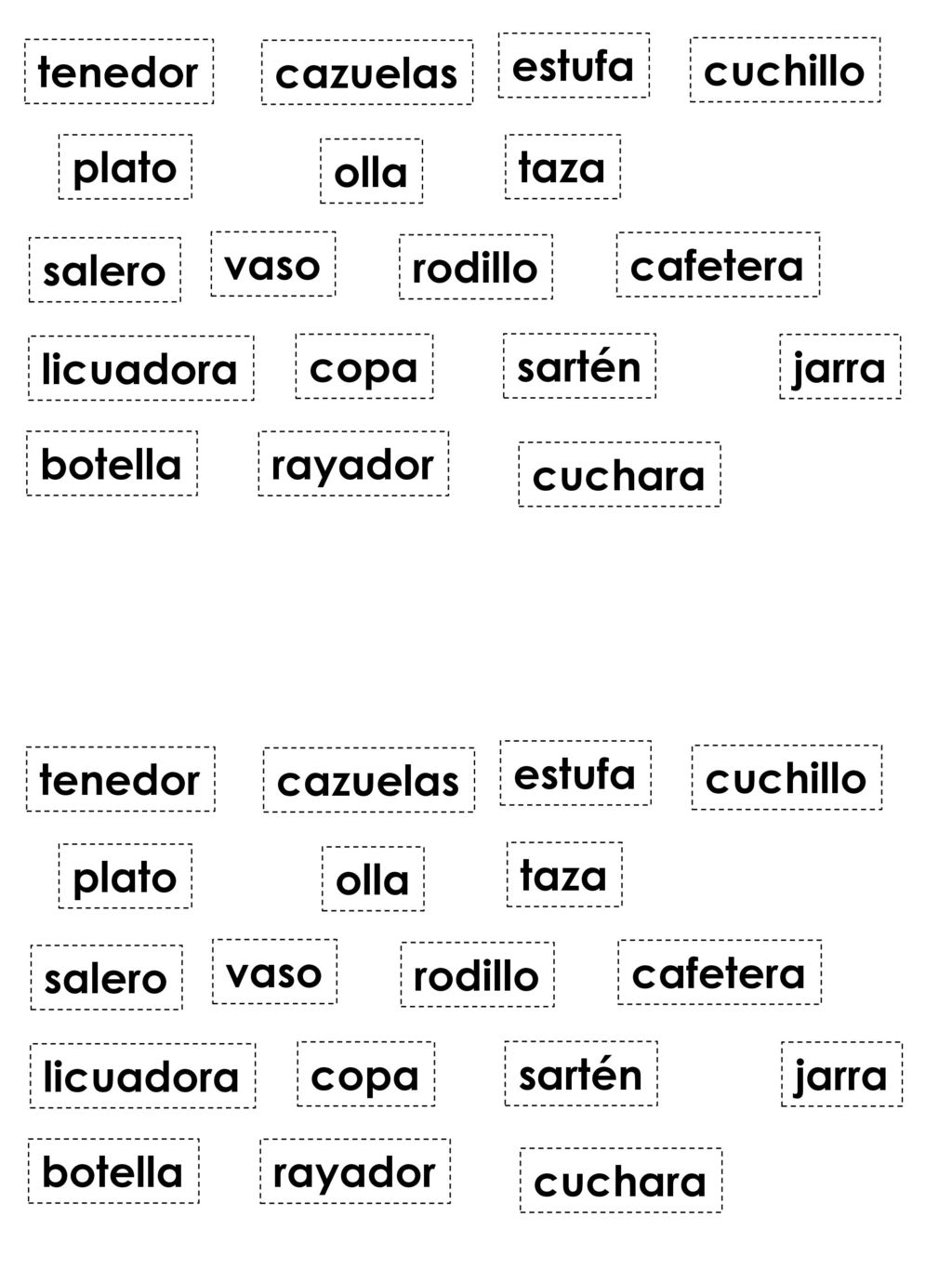 tenedor cazuelas. estufa. cuchillo. plato. olla. taza. salero. vaso. rodillo. cafetera. licuadora.