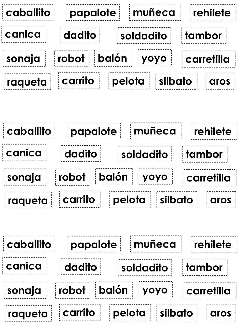 caballito papalote. muñeca. rehilete. canica. dadito. soldadito. tambor. sonaja. robot. balón.