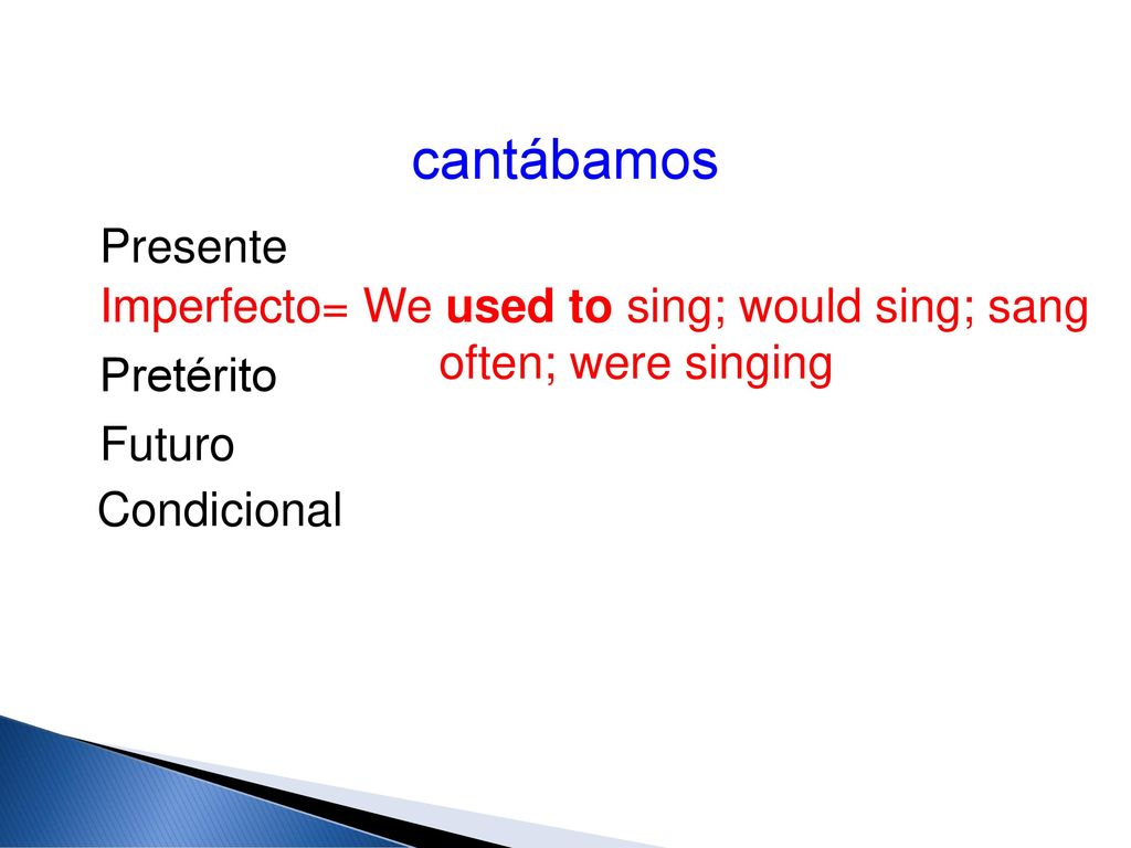 cantábamos Presente. Imperfecto= We used to sing; would sing; sang often; were singing. Imperfecto.